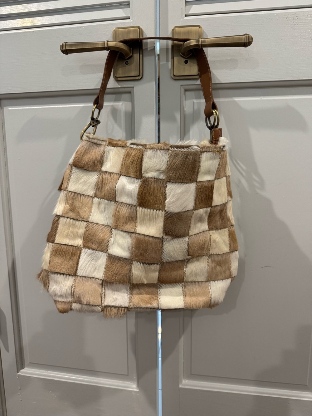 Patchwork Brown & Cream Fur Shoulder Bag with Leather Strap